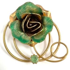 Vintage Green Enamel Rose Brooch Gold Tone Swirl Rhinestone Floral Pin